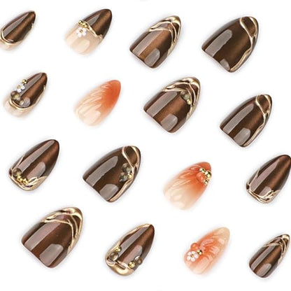 Almond Press on Nails Short Brown Fake Nail Gold Embossed Acrylic Nail Press ons Daisy Charm Stick on Nail for Women 24pcs - color: Color32