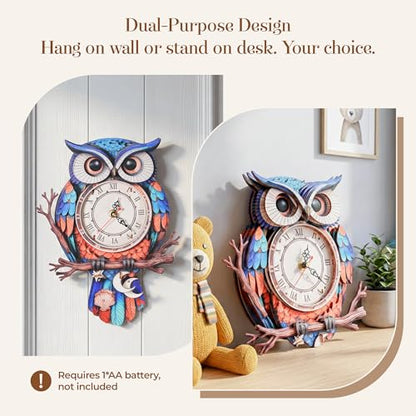 3D Wooden Owl Clock Puzzle – Colorful Deep Cobalt Blue and Red Design – DIY Model Kit for Teens & Adults (15+) – Unique Wall & Desk Clock with Roman Numerals – Gift-Ready Packaging - color: Deep Cobalt Blue