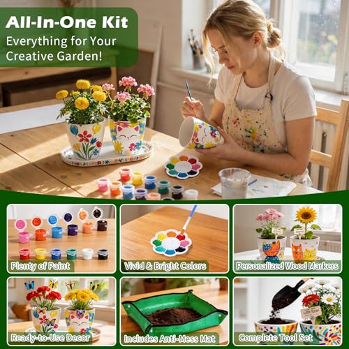 Hysagtek Paint & Plant Flower Growing Kit - Fun Gardening Set with 4 Pots, Art Craft Grow Garden Planting Set Birthday Easter Gift for Girls & Boys