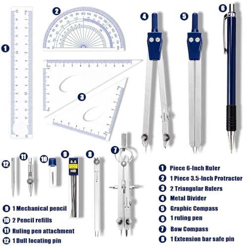13 Pcs Compass and Protractors Set Math Compass Geometry Tools with Box - color: Blue