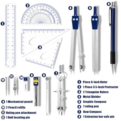 13 Pcs Compass and Protractors Set Math Compass Geometry Tools with Box - color: Blue