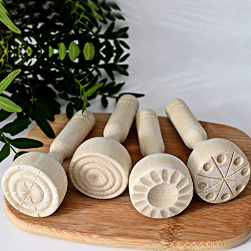 OwnMy Wood Clay Stamp Set, Wood Playdough Tools Handle Pottery Stamps, 4PCS