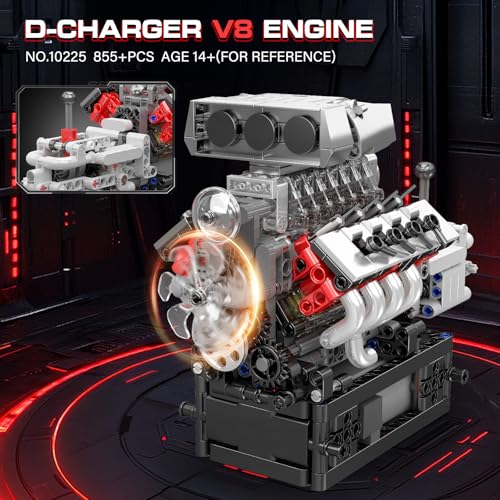 Mould King 10225 V8 Engine Model Kit that Works - Car Engine Building Blocks Kit with Battery, STEM Mechanic Engineering Construction Set, Collection Model Gift for Adults(855 PCS)