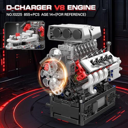 Mould King 10225 V8 Engine Model Kit that Works - Car Engine Building Blocks Kit with Battery, STEM Mechanic Engineering Construction Set, Collection Model Gift for Adults(855 PCS)