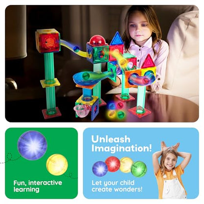 PicassoTiles Motion Activated Marbles 4pc LED Light-Up Glow in The Dark Translucent Balls for Marble Run Race Racetrack Maze Magnetic Construction Magnet Tiles Building Block STEM Education Kids Toys - style: Marbles 4pc LED