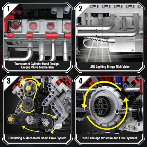 HIGH GODO Ideas V8 Engine Building Kit that Works, Build Your Own MOC Mini V8 Engine Model Toy for Display, STEM Toys Gifts for Teens Adults 14+ (700 PCS) - style: V8 Engine-C