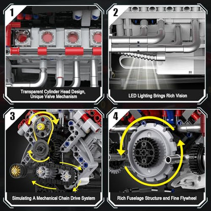 HIGH GODO Ideas V8 Engine Building Kit that Works, Build Your Own MOC Mini V8 Engine Model Toy for Display, STEM Toys Gifts for Teens Adults 14+ (700 PCS) - style: V8 Engine-C