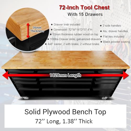 72-inch Rolling Tool Chest with 15 Drawers, Mobile Workbench, Assembled Large Tool Box Lockable Storage Cabinet with Wheels for Garage Workshop (72'' w/15 Drawers - Black) - size: 72'' w/15 drawers - Black