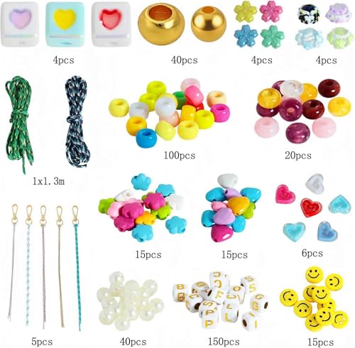 421 PCS DIY Beaded Keychain Making Kit, Bag Charm Craft Supplies – Acrylic Alphabet Bag Beads, Heart Star Flower Shapes, Make Handmade Gifts for Friends Family, Create Zipper Pulls, Making Kit Gifts