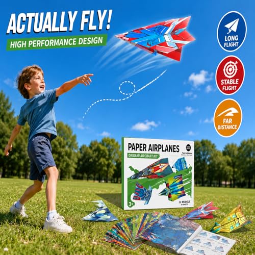 Vexorith Paper Airplane Kit for Kids Ages 8-12, 5-8 – 36 Designer Origami Papers with 12 Flying Plane Styles, STEM Craft & Educational Toy Gift for Boys Girls