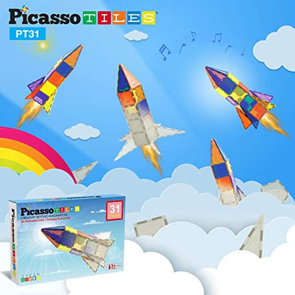 PicassoTiles UV Activated Color Changing Rocket Set Magnet Construction Toy Kit Engineering STEM Learning Playset Child Brain Development Stacking Blocks Playboard for All Ages 3 and Up PT31 - color: Uv Activated Color Changing