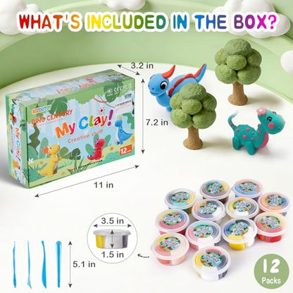 Air Dry Clay Kit for Kids – 12 Dinosaur Theme Sealed Jars with Tools & Tutorial Cards | Screen-Free STEAM Activity | Non-Toxic & Non-Sticky | Gift for Boys Girls Ages 3+ - color: 12 Boxes of Dinosaurs