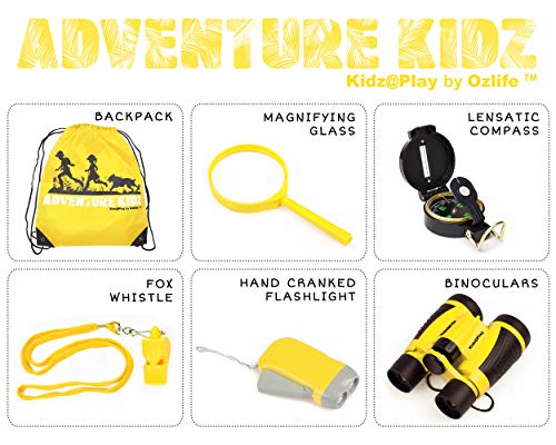 Adventure Kidz - Outdoor Exploration Kit, Binoculars with Case, Flashlight, Compass, Whistle, Magnifying Glass, Backpack, Bundle (14 Items)