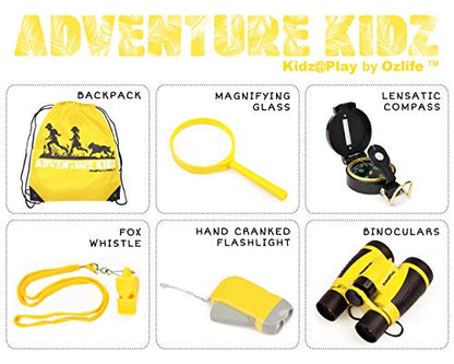 Adventure Kidz - Outdoor Exploration Kit, Binoculars with Case, Flashlight, Compass, Whistle, Magnifying Glass, Backpack, Bundle (14 Items)
