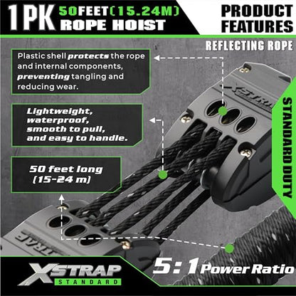 XSTRAP STANDARD 50FT Reflective Rope Hoist Pulley Block & Tackle 5:1 System - color: Reflective Black
