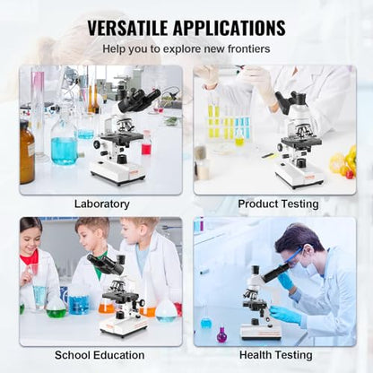 VEVOR Compound Trinocular Microscope, 40X-5000X Magnification Trinocular Compound Lab Microscope with Two-Layer Mechanical Stage, LED Illumination, External Interface and Microscope Slides Included - style: C