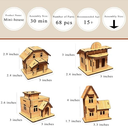 4-in-1 Log Cabin Mini House 3D Wooden Puzzle Building Kit Set