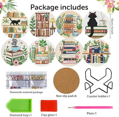 8 Pack Bookshelf Diamond Art Coasters,Diamond Painting Coasters Kits - color: Books Coasters