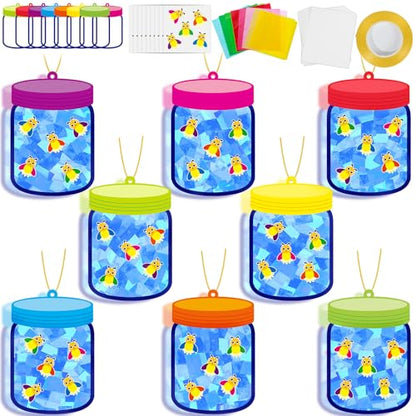 QOUBAI 32 Sets Spring Insect Suncatchers Craft Kit DIY Window Stained Glass Effect Firefly Jar Paper Craft for Home School Classroom Decor Kid Birthday Gifts Creative Art Projects Activity Game - style: Firefly