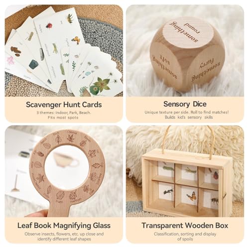 Wooden Scavenger Hunt for Kids Ages 4-8, 6-in-1 Explorer Kit, Bug Catching Kit with Scavenger Hunt Cards, Storage Box, Dice, Magnifying Glass, Indoor/Outdoor Games for Kids Ages 4+