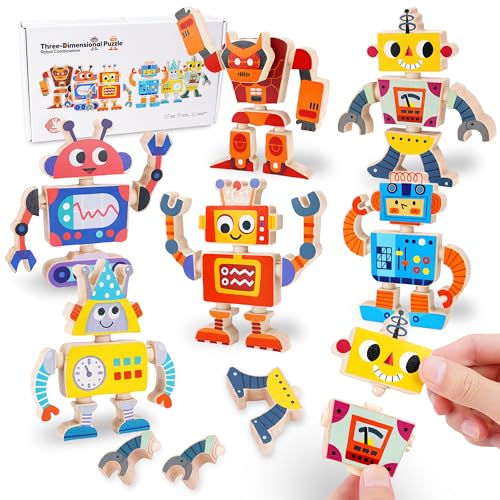 ATOYUS Wooden Montessori Robot Building Blocks Toys for Kids 3-5, 35-Piece
