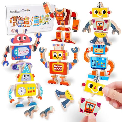 ATOYUS Wooden Montessori Robot Building Blocks Toys for Kids 3-5, 35-Piece