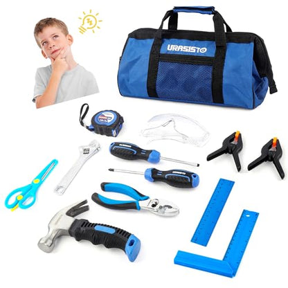 URASISTO 12-Piece Kids Tool Set with Tool Storage Bag, Junior Real Hand Tool Kit for Boys & Girls, Children Learning Tools for DIY Building and Woodworking, Age 8+