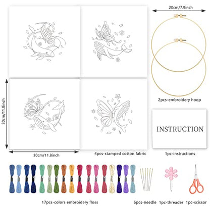 INFUNLY 4 Sets Embroidery Kit for Beginners with Butterfly and Whale Pattern DIY Embroidery Kit for Adults DIY Embroidery Set Cross Stitch Kit for Adults with Plastic Embroidery Hoops Threads Needles - color: Butterfly and Whale
