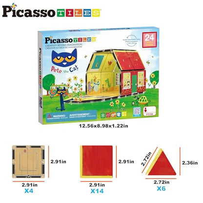 PicassoTiles Magnetic Tiles Pete the Cat Home Theme Building Blocks Double Sided Printing Toddler Magnet Toys Education STEM Learning Kit Construction Brain Development Preschool Kid Game Boy Girl 3+ - style: Pete the Cat Double House