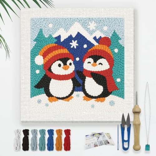 DOODLREAM Christmas Penguins DIY Punch Needle Embroidery Kit for Adult Beginner, 9.4" Snow Mountain Animal Punch Stitching Craft Set for Starter with Frame,Fabric Pattern,Threader, Yarn, Pinch Needle - color: Penguins
