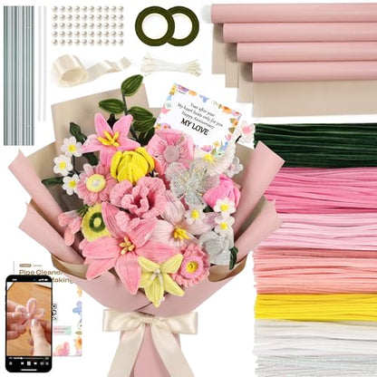 Caydo Pipe Cleaner Flower Kit, 700PCS 7 Colors Chenille Stems - color: Pink Flowers, style: 620 PCS