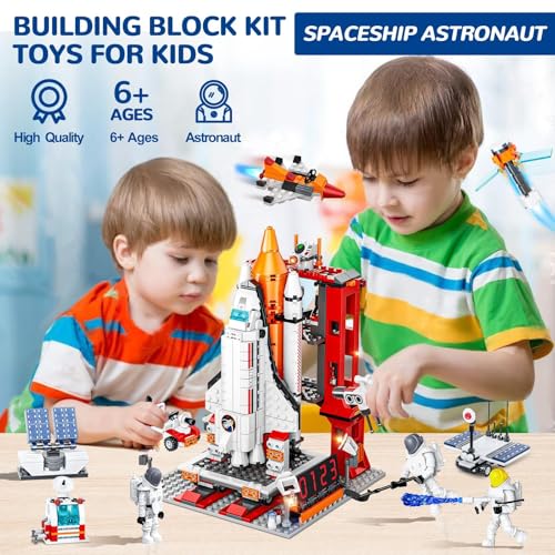 Space Exploration Shuttle Toys, 12-in-1 STEM Aerospace Building Kit Toy, Rocket Building Kit Toy with Launcher, Astronauts, Airplane Rocket, Gift for 6 7 8 9 10 11 12+ Years Old, 855 Pcs
