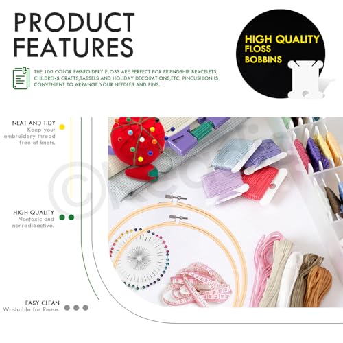 Keadic 222Pcs Embroidery Kit with Instructions Contains 100 Colors Threads, Embroidery Hoops, Sewing Pins, Floss Bobbins and Cross Stitch Tools, Hand Embroidery Starter Kit for Adults Beginners