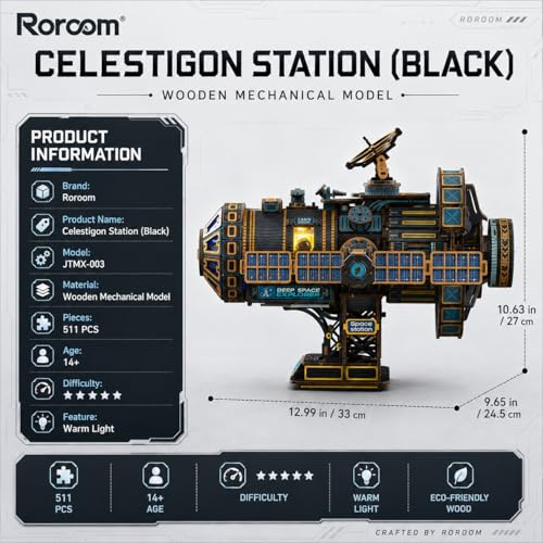 Roroom Mechanical 3D Wooden Puzzles for Adults, 511pcs Wood Building Kit - color: Celestigon Station(black)