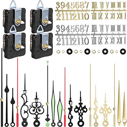 Mudder 4 Pieces Quartz DIY Wall Clock, Clock Numerals Kit, Movement Mechanism Battery Operated Clock Motor Kit with 6 Different Pairs of Hands for DIY Clock Repairment