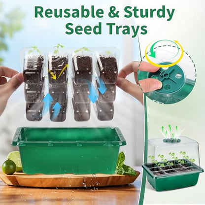 4-Pack Seed Starter Tray with Grow Light and Heat Mat, 48 Cells Seed Starter Kit with Adjustable Humidity Dome and Base, Germination Kit for Seed Growing Plant Propagation