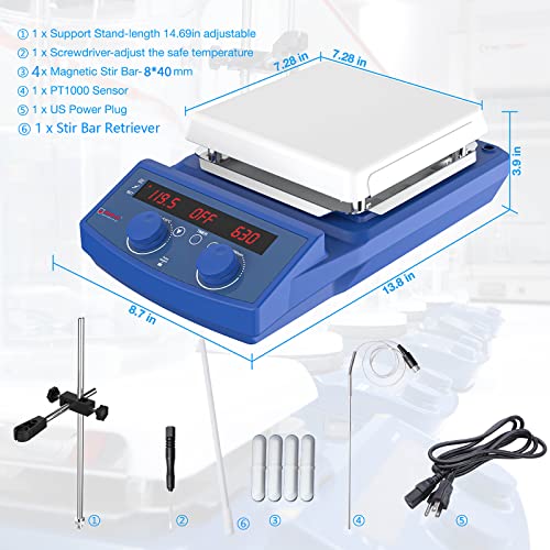 FOUR E'S SCIENTIFIC Magnetic Stirrer Hot Plate, 510℃, Max 20L, Timer, 110V - style: Magntic Stirrer with Stand & Bar Retriever
