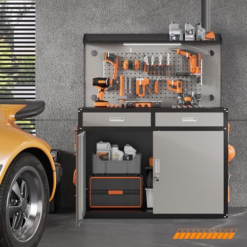 65" Heavy Duty Garage Workbench with Storage Drawers & Pegboard,2000lbs Capacity Metal Work Bench with Lockable Magnetic Cabinets,Adjustable LED Light for Workshop/Garage