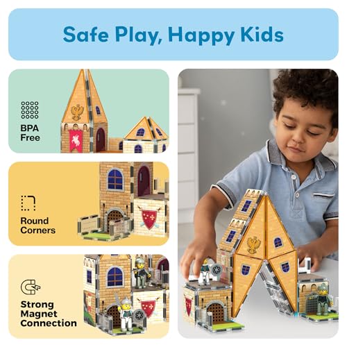 PicassoTiles 70pc Middle Age Medieval and Castle Theme Tile 2in1 8 Character Action Figures Magnet Tiles Building Block Pretend Magnetic Play Fine Motor Skill STEM Educational Construction Age3+ PTQ01 - color: Medieval and Castle