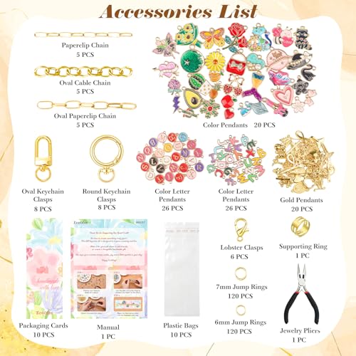 Ecoofor 400Pcs Charms Lip Gloss Keychain Making Kit, DIY Craft Supplies with Charms, Key Hooks, Jump Rings, Lobster Clasps, Chains & Tools, Jewelry Kit for Custom Keychains, DIY Handmade Gift - color: Gold - 400 Pcs Kit