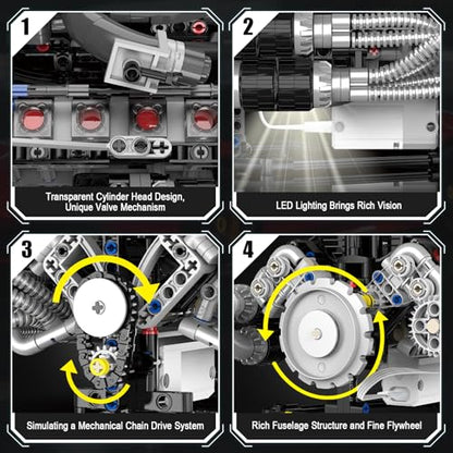 HIGH GODO V8 Engine Building Kit that Works, Build Your Own MOC V8 Engine Model with App Control, Visible Car Engine Model Kit with Motor and Lights, Ideas Gifts for Teens Adults 14+(689 PCS) - style: V8 Engine-E