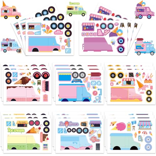 24 Sheets Ice Cream Truck Make a Face Sticker, Make Your Own Ice Cream Truck Stickers Mix and Match Sticker for Home School Classroom Crafts Activities Reward Birthday Party Favors - style: Ice Cream Truck