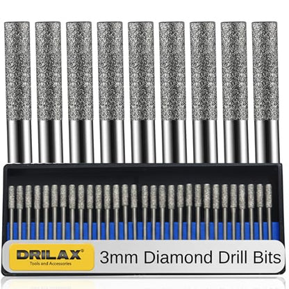 Drilax 3mm Diamond Drill Bits (1/8") 30 pcs Diamond Drill Bits for Stone, Glass, Sea Shells, Gemstones Compatible with Dremel Diamond Tipped Drill Bit Set - size: 3mm