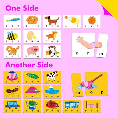 Self-Correcting Spelling Puzzles, Double-Sided Three and Four-Letter Word Spelling Cards with Picture Matching, 48 First Words Learning for Kindergarten Readiness, Preschool Ages 4+ - style: 24 Blocks Double Sided-B