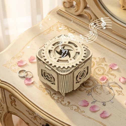 3D Wooden Puzzles Music Box for Adults, Mechanical Jewelry Storage Box, Wooden Ring Box Model Kits, Unique Gifts for Birthday, Anniversary, Mother's Day, Wedding - color: Light Birch