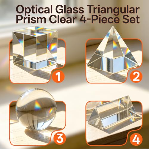 4 Pack K9 Optical Crystal Prism Set –50mm Crystal Ball, Cube, Triangular Prism, Pyramid for Photography Teaching Entertainment