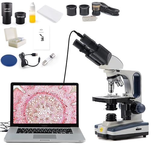 Swift Digital Binocular Compound Microscope 40X-2500X, with 5MP USB Camera, Two-Layer Mechanical Stage and Software Windows and Mac Compatible and Slides,Siedentopf Head,Research-Grade - style: SW350B+5MP Camera