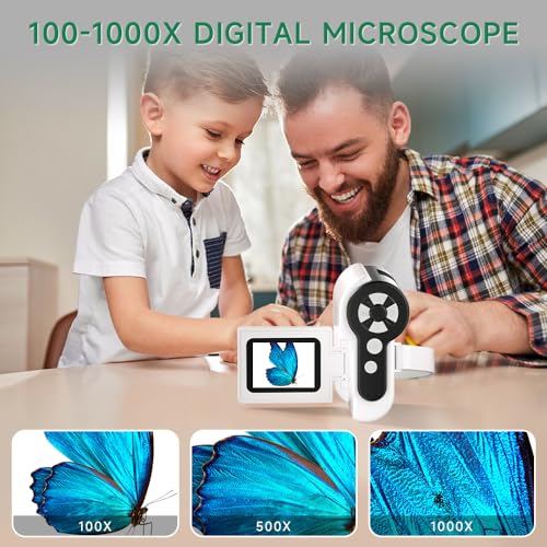 Microscope for Kids, [3-in-1] 1000X Handheld Mini Scope with 2" LCD Screen, Portable Miniscope for Kids 8-12 Halloween Christmas Birthday Edu Gifts, 32GB TF Card Included