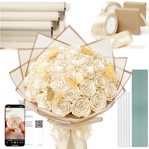 Caydo Ivory Ribbon Rose Bouquet for Gifts - color: Ivory