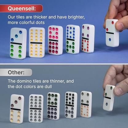 Queensell Mexican Train Dominoes Set with Jumbo Tiles – Double 12 Dominoes Set for Adults, 91 Tiles with Colorful Dots, Wooden Hub, Train & Aluminum Case - size: D12 Jumbo